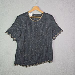 Stenay 3X silk beaded top metallic scalloped black holiday party bling festival